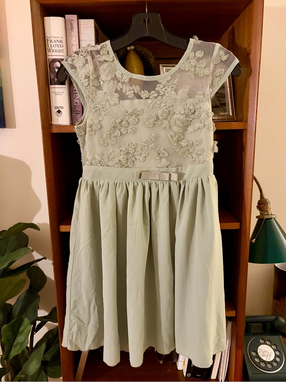Girls' Floral Lace Bodice Party Dress in Sage Green